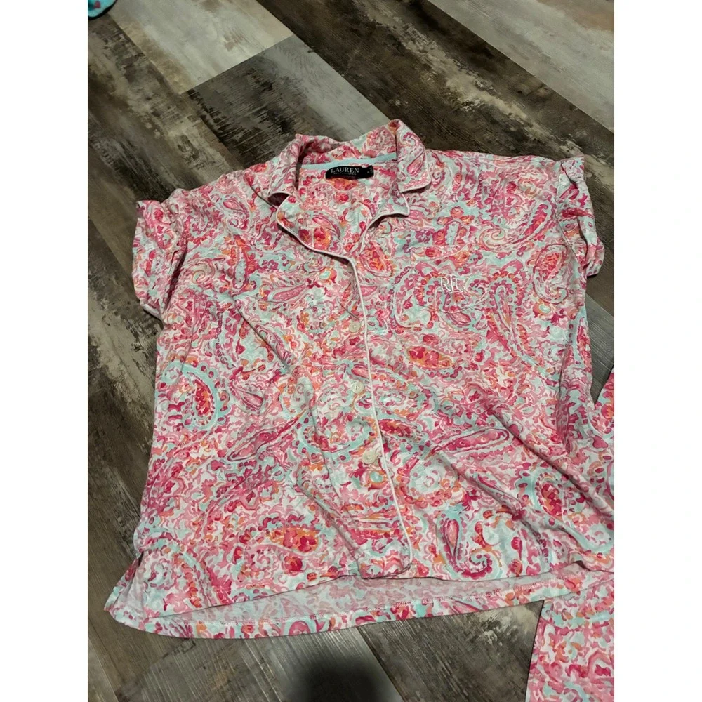 Lauren Ralph Lauren Pink Paisley Pajama Set Womens XL Short Sleeve Crop Pants